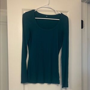 Palinda Elegant Ribbed Teal Long Sleeve Blouse